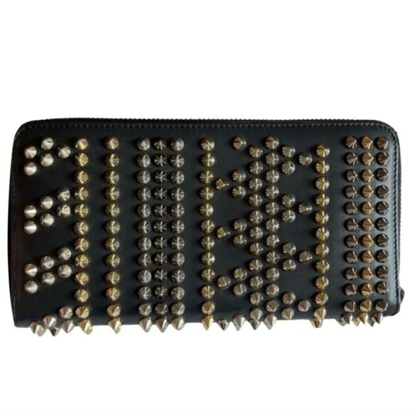 Christian Louboutin PANNETTONE Stud ZIP LONG WALLET BLACK RED SOLE GOLD SILVER - Picture 5 of 10